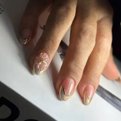 24pcs Round Head Almond Fake Nails White French False Nail Flower Stick on Nail Tip with Golden Design Short Press on Nails Sets