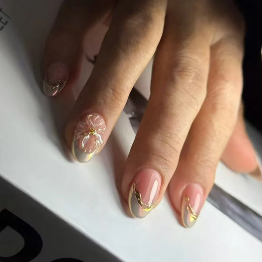 24pcs Round Head Almond Fake Nails White French False Nail Flower Stick on Nail Tip with Golden Design Short Press on Nails Sets