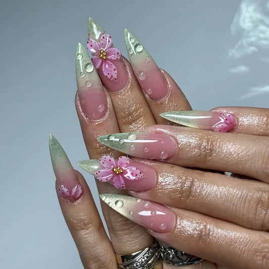 24Pcs Green Cat's Eye Gradient Press on False Nails Long Stiletto Fake Nail Full Cover 3D Flower Wearable Finished Manicure Tips