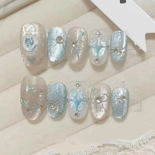 24pcs Oval Fake Nails Art Spring Summer Rhinestone Starlight Design Press on Nails Tips Glitter Aurora Cat's Eye False Nail Sets