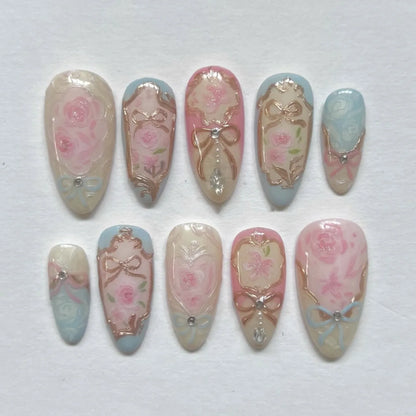 24Pcs Mid-length Almond Press on Fake Nails with Insect Flower Button Design Full Cover Nails Tips Reusable Finished False Nails