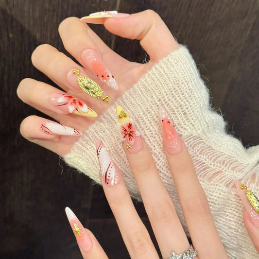 10Pcs French Almond Handmade Press on Fake Nails Long Golden Spring Gradient Flowers Designs Nail Stickers Wearable Manicure Set