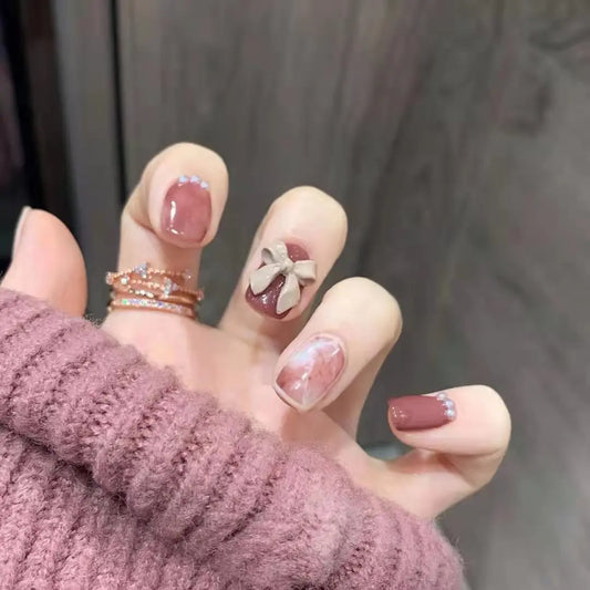 24pcs Smudge Pink Stick on Short Ballet False Nails Tips Korean Style Square Fake Nail Bow Pearl Design Sweet Press on Nails Art
