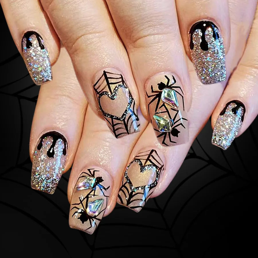 24Pcs Mid-length Square Manicure Tips Spider Rhinestone Love Spider Web Fake Nails Shiny Powder Detachable Press on False Nails
