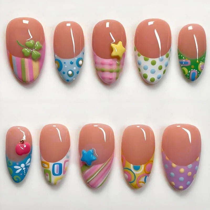 24PCS Almond Beach Theme Press on Nails Lobster Puffer Fish Starfish Design False Nails European American Sweet Spicy Nails Art