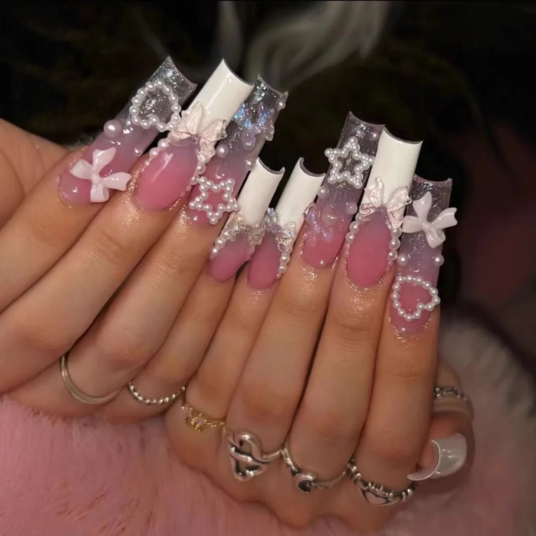 24Pcs Long Square Head French Fake Nail Tips 3D Love Heart Design Press on Nails with Rhinestone Pattern Wearable False Nail Art