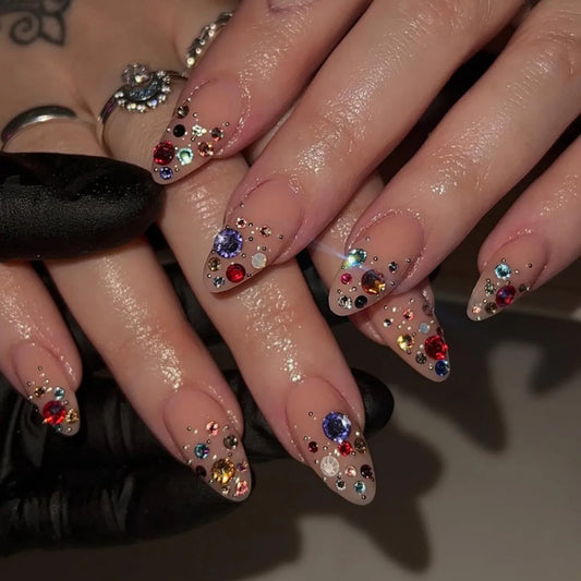24pcs Almond Fake Nails with 3D Colorful Diamond Design False Nails Wearable Detachable INS Simple Press on Nails for Girls