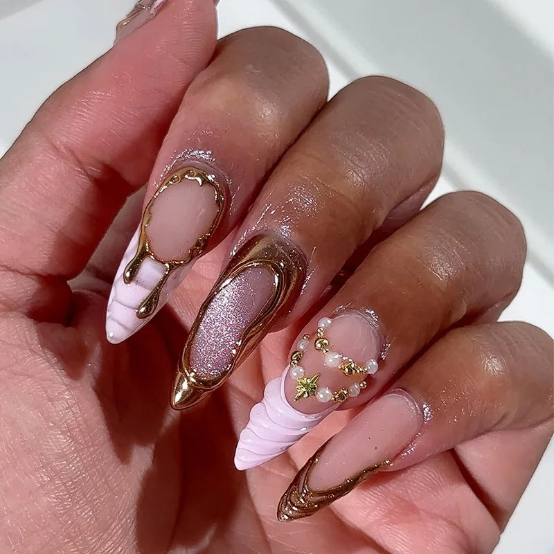 24PCS Stiletto Shape Fake Nails Artistic Color Block Floral Press on Nails Rainbow Dopamine Design European Luxury False Nails