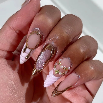 24PCS Stiletto Shape Fake Nails Artistic Color Block Floral Press on Nails Rainbow Dopamine Design European Luxury False Nails