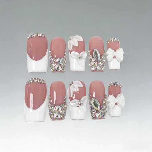 10pcs high-end Light luxury and sweet, dazzling nude pink full of diamonds, hand-painted three-dimensional flower bow handmade