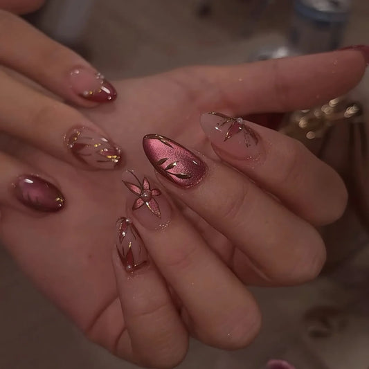 24Pcs Cat-eye Shiny Short Almond Fake Nails Full Cover Red Leaf Flower Pattern Pearl Nail Art Nail Sticker Wearing Press on Nail
