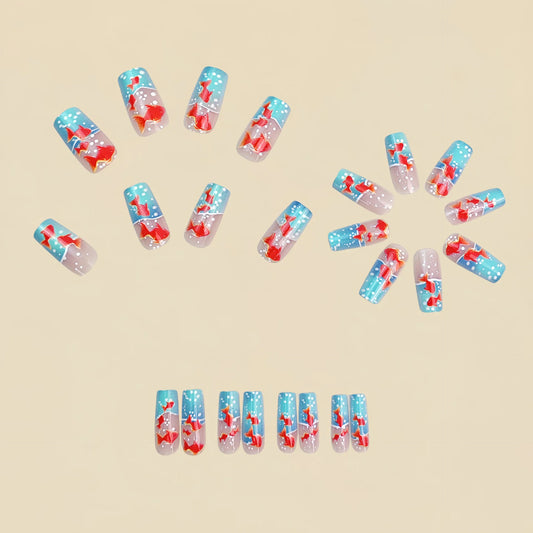 24pcs Long Ballet Press on Nails Summer Goldfish Ocean Pattern Fake Nails European Fashion False Nails for Women Girl Wearable
