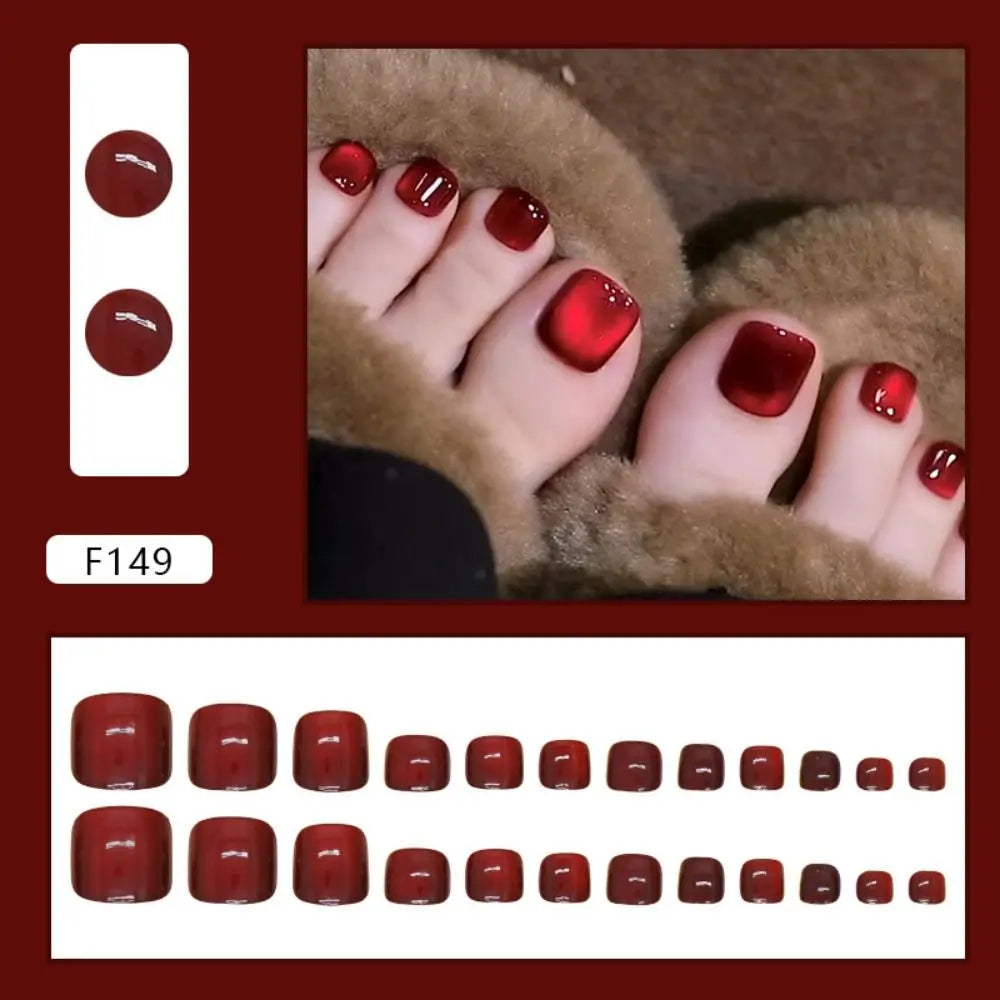 24pcs Fake Toenails French Full Cover Summer Red Cat Eye Short Square Toe Nails Foot Nails Tips for Women Girl Press on Nails