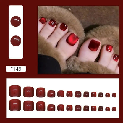 24pcs Fake Toenails French Full Cover Summer Red Cat Eye Short Square Toe Nails Foot Nails Tips for Women Girl Press on Nails