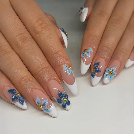 24pcs White French False Nails with Blue Flowers Decor Press on Nail Full Cover Women Summer Wearable European Almond Fake Nails