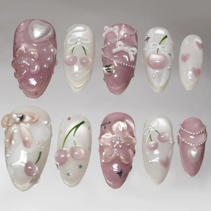 24Pcs Mid-length Almond Press on Fake Nails with Insect Flower Button Design Full Cover Nails Tips Reusable Finished False Nails