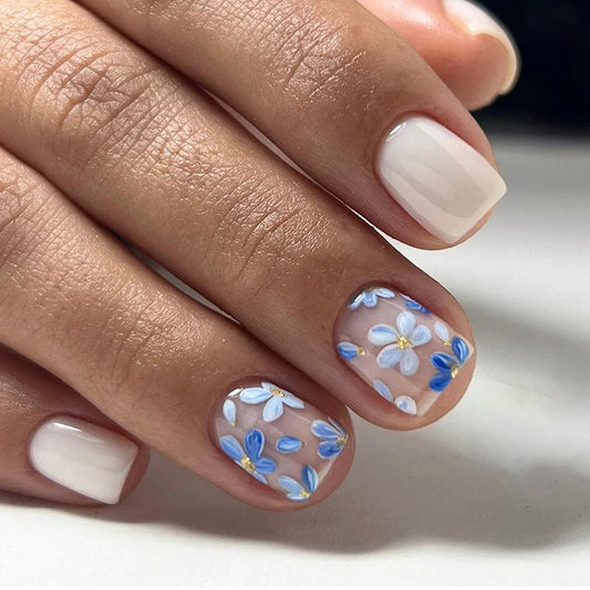 24pcs Diamond French Fake Nails Tips Short Square False Nail Sets Detachable Simple Ballet Press on Nails Art Glitter Manicure
