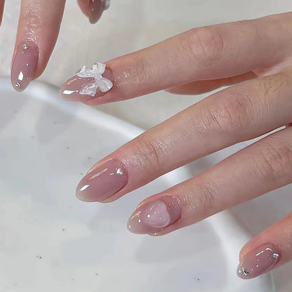24Pcs Cat's Eye Milk White French Fake Nails Pink Bow Pearl Press on False Nails Short Round Head Reusable Full Cover Nails Tips