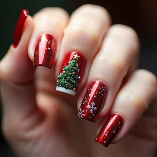 24pcs Christmas Red Coffin Press on Nails Winter Snowflake Deer Print False Nails Wearable Detachable European Fake Nail Tips