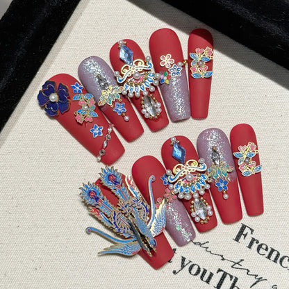 10pcs Chinese Retro Handmade False Nails Luxury Dragon Phoenix Colorful Diamond Gold Chain Decor Press On Nails Charms Manicure