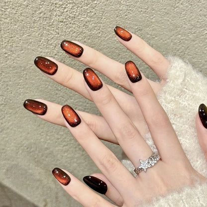 10pcs Gradient Deep Red Cat's Eye False Nails Simple Glossy Short Oval Handmade Press On Nails Full Cover Women Girls Fake Nail
