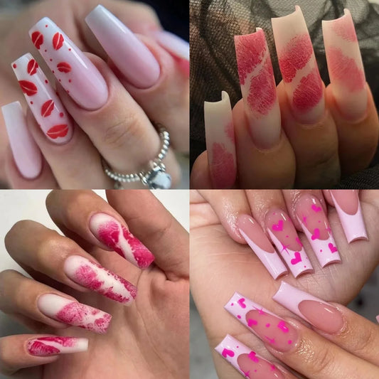 Romantic Wedding Sexy Red Lips Spice Girl Valentine's Day Fake Art Nails Frosted White False Nails Press on Nails Manicure Tools
