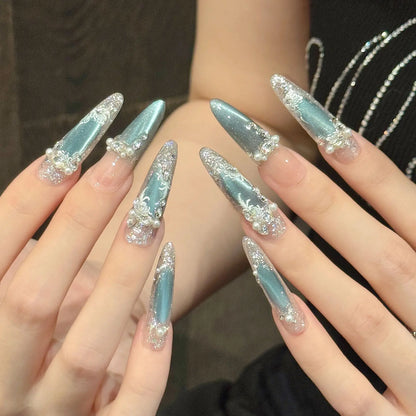 10pcs Handmade Press On Nails Ice Transparent Blue Crystal Cat's Eye False Nails Pearl Flash Sequins Rhinestone Decor Fake Nail