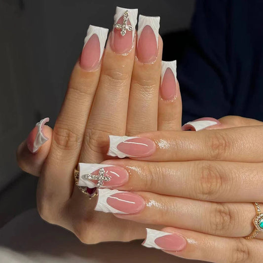 24Pcs Y2K Style 3D Gel Makes Square French Tip Press On Nails With 3D Alloy Rhinestone Design Fake Nail Set,Contain 1Pc Jelly Gl