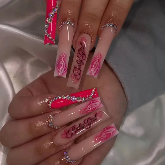 24pcs Pink Long Square Press on Nails French Pearl Bow Coffin Fake Nail Sets Detachable Diamond Design False Nail Tips Finished