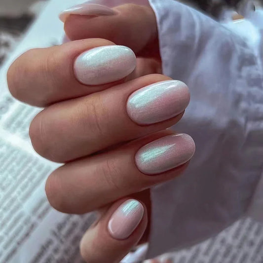 24Pcs False Nails Short Artificial Nails Floral White Decorative Patterns Gradient Cat-eye Detachable Nail Stickers Simple Nails