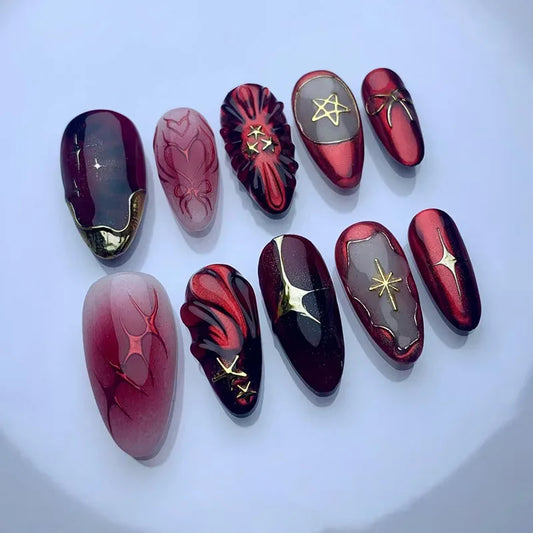 24pcs Smudge Red False Nails Long Almond Fake Nail with Starlight Bow Design Full Cover Nail Tips Reusable Press on Nails Sets