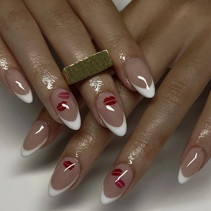 Charm Sexy Red Lips Love Heart Romantic Valentine's Day Ballet Fake Nails Art Almond False Nail Tip Press on Nails Manicure Tool