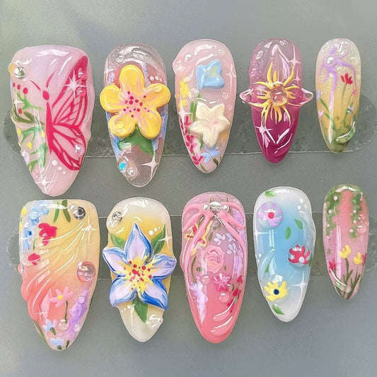 24Pcs Mid-length French Almond Press on Nails with Summer Flowers Pattern Decorations Nail Tips Art Removable Acrylic Fake Nails