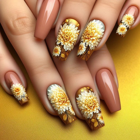 24pcs Mid-length Ballet Fake Nails Tip Glitter Gradient Golden Coffin False Nail Art Pearl Flower Line Design Press on Nails Set