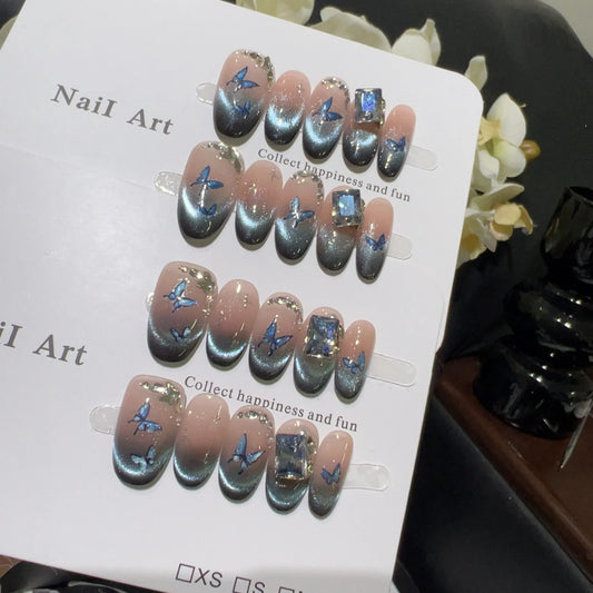 10pcs high-end Gradient pinkish blue handmade French Tip Nails, Blue butterfly nail art