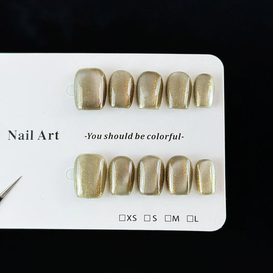 10pcs high-end Simple and elegant style, hand-painted dark green, dazzling cat eyes handmade fake nails
