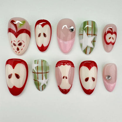 24Pcs Mid-length Almond Press on Fake Nails with Insect Flower Button Design Full Cover Nails Tips Reusable Finished False Nails
