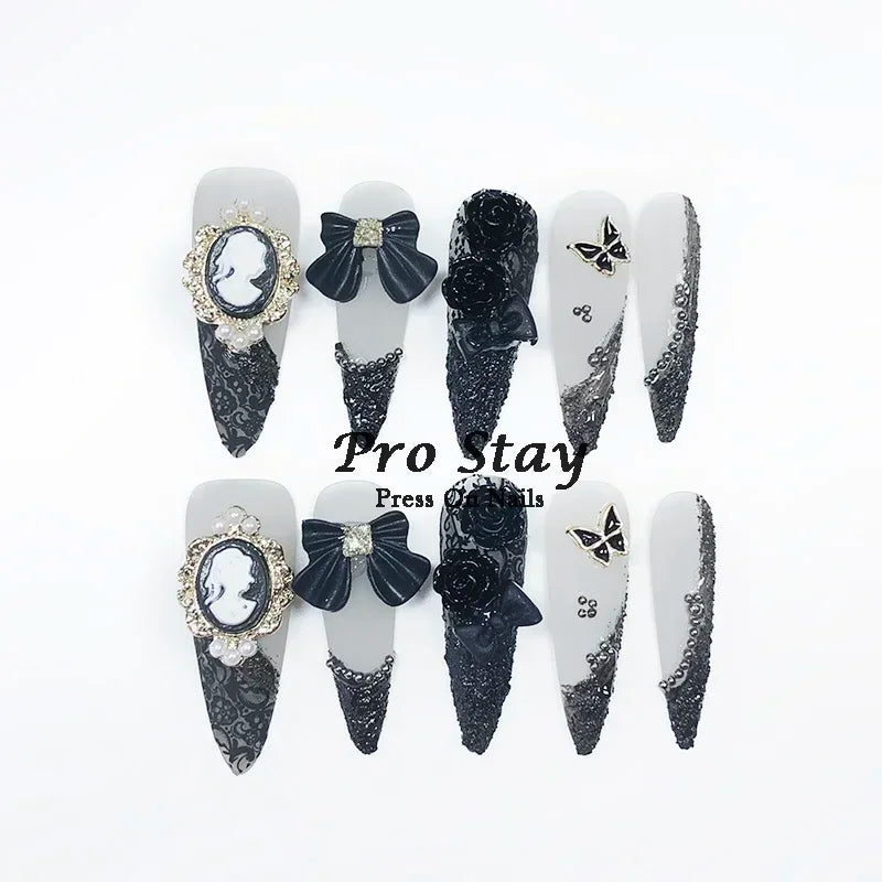 10pcs Dark Black Y2k Hot Girl Handmade Press On Nails Sweet Cool With Diamond Metal Decoration Wearable Artificial False Nail