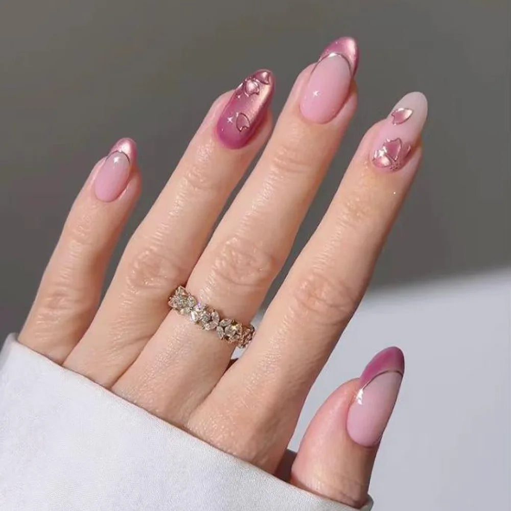24pcs Almond False Nails Spring Summer Stick on Purple Cat's Eye Press on Nails Oval Fake Nail Flower Gold Leaf Design Manicure