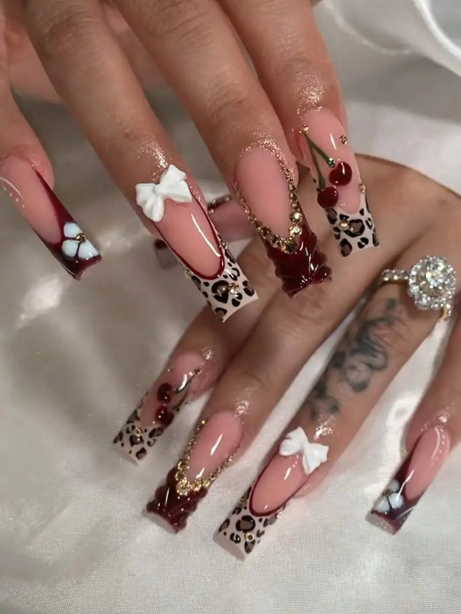 24pcs/Set Y2K French Medium Length Nail Tips, Sweet 3D Pink Flower & Wavy Design With Golden Beads Accent, Press-On Artificial