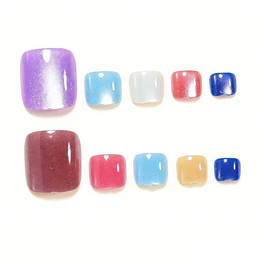 24Pcs Summer Fake Toenails Dopamine Color Glossy Cat's Eyes Press On Toe Nails Women and Girls DIY Manicure for Daily and Beach