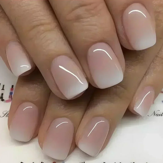 24Pcs White Gradient False Nails Ombre Short with French Design Rhinestone Wearable Fake NailsFull Cover Press on Nail Tips Art