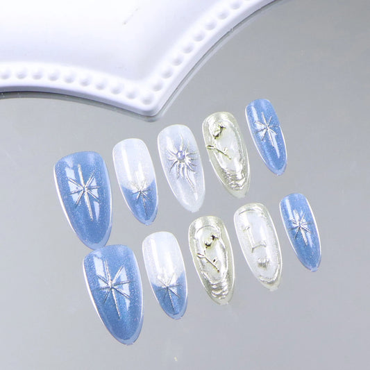 10PCS Almond Nail Medium Length 3D Rose Fake Nail, Sunflower Star Heart Nail, Fully Covered Blue Acrylic Fake Nail