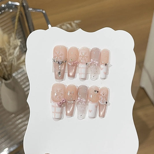 10Pcs Pink Ballet Long Acrylic Fake Nails Heart Rhinestone Design Sweet Bow Fashion Nails Tips Art Wearable Full Cover Press Ons
