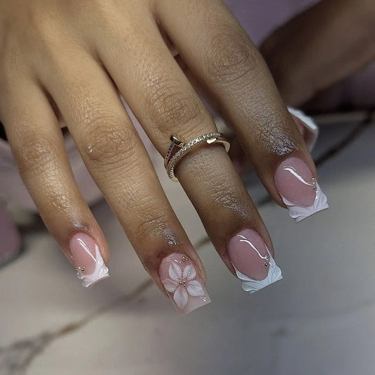 3D fake nails for women girls french style white pink green edge frame embossed flowers strips spring summer press on false nail