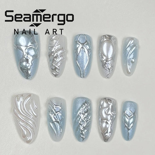 24PCS Blue White Gradient Press on Nails Almond Silver Wave Pearl Design Metallic False Nails Sweet Futuristic Mermaid Manicure