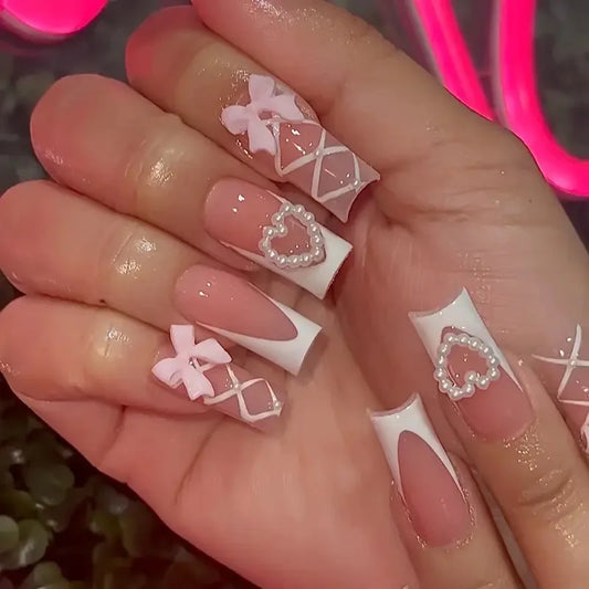 24Pcs White Stripe French Press on Nails Mid-length Square Head False Nails Full Cover 3D Bow Pearl Heart Reusable Fake Nail Tip