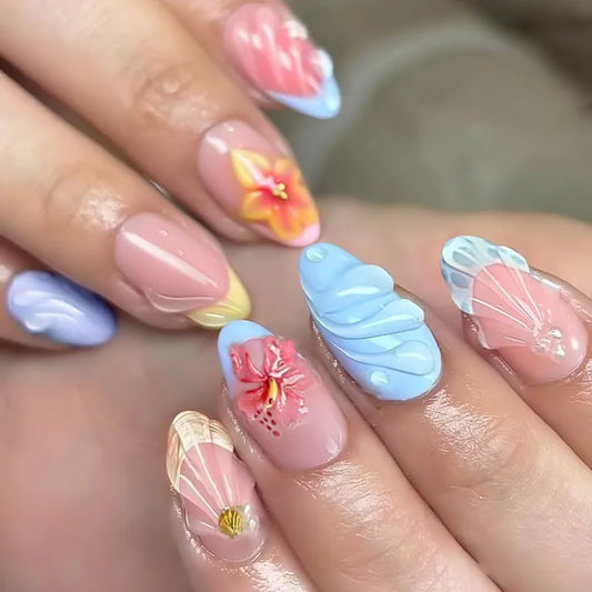 24Pcs Flower Smudge French False Nails Almond Detachable Full Cover Nails Tips 3D Starfish Devil Fish Pearl Press on Fake Nails