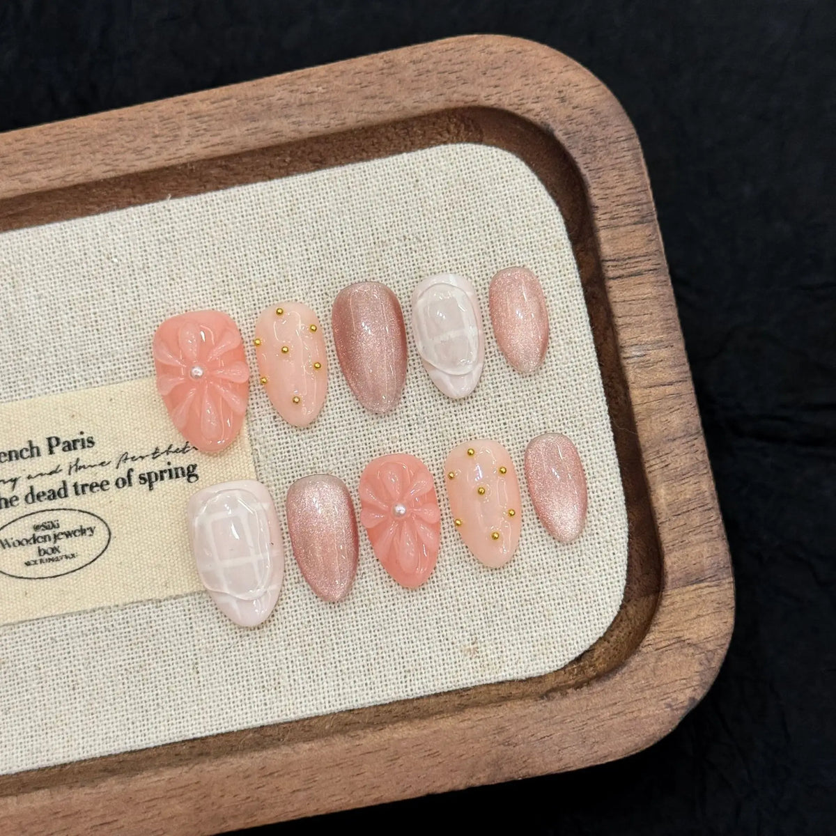 10pcs Handmade Almond Press On Nails Sweet Pink 3D Flower Cat's Eye False Nails Simple Daily Korean Style Fake Nail Manicure Art
