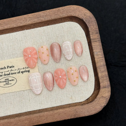 10pcs Handmade Almond Press On Nails Sweet Pink 3D Flower Cat's Eye False Nails Simple Daily Korean Style Fake Nail Manicure Art